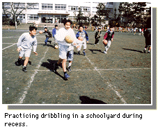 Practicing dribbling in a schoolyard during recess.