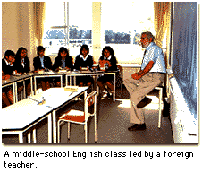 A middle-school English class led by foreign teacher.