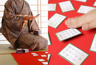 The player listens to the reader (left) and slaps the correct card as fast as possible (right).