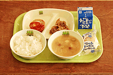 An example of elementary school meals. They always come with a pack of milk.