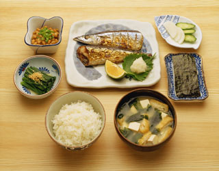 An example of a typical Japanese breakfast that includes a number of fermented foods