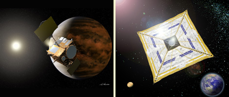 金星探査機「あかつき」（左）と惑星探査機「イカロス」（右）