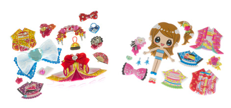 A variety of detachable costume stickers are available to change the doll's outfits.