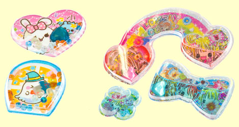 Stickers filled with beads (left) or colored liquids (right) are also very popular.