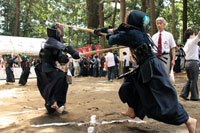 Kendo players go head to head outside at Shiofune Kannonji Temple in Tokyo. Outdoor matches (nojiai) are held on the premises of shrines and temples.