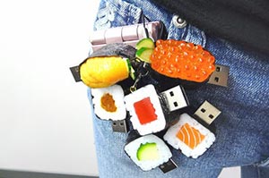 Sushi-themed straps with USB memory sticks to connect to a computer.
(Courtesy of Solidalliance)
