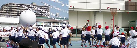 Everybody on a team acts together as one set of hands to roll a giant ball in the Giant Ball Roll (left). The Beanbag Toss (right) features children from the lower grades.