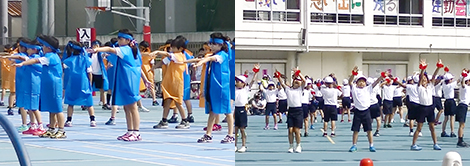 After planning out their appearance in the group  performance, children in different groups are wearing clothes of different  colors (left), and other children are holding props (right).