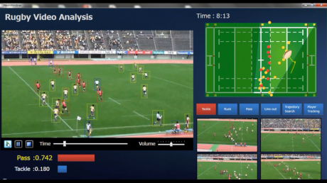 Écran de démonstration d’une analyse de rugby (Crédit photo : Toshiba Digital Solutions)