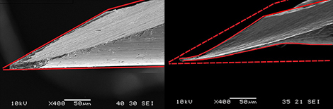 Left, The needle before processing. Right, The needle after processing using the latest technology. The tip of the needle is extremely fine and smooth. (Photo courtesy of Mitsubishi Materials Corporation)