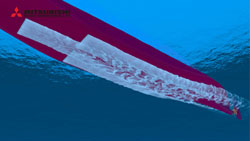 An artist's sketch of the Mitsubishi Air Lubrication system (MALS), showing air bubbles blown at the bottom of a ship.