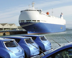 The City of St. Petersburg, an energy-saving car carrier built by Kyokuyo Shipyard Corporation, which has a hemispherical bow to reduce wind resistance.