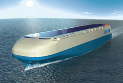 An artist's sketch of the next-generation car carrier ISHIN-I featuring both a ship design for reducing air resistance and solar panels.