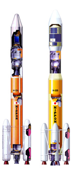 H-IIA (left, height: 53 m) and H-IIB (right, height: 56.6 m); liquid-fuel rockets equipped with solid-fuel boosters