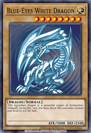 Carta coleccionable con un dragón azul y plateado, con alas y garras afiladas, enmarcado en una carta de color beige con valores de ataque y defensa en la parte inferior.