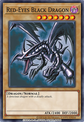 Carta coleccionable con un dragón negro de alas extendidas y ojos rojos, en una carta con marco beige y valores de ataque y defensa en la parte inferior.