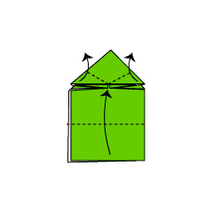 5.Fold both sides of the triangle along the dotted lines in the direction of the arrows, and fold the bottom section along the dotted line.