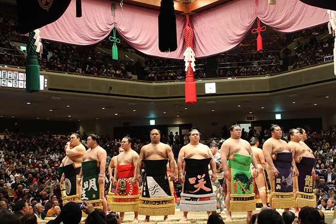 Sumo wrestlers wearing keshomawashi (Japan Sumo Association)