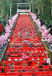 60段もある神社の階段にていねいに飾り付けられた巨大なひな壇飾り（勝浦市提供）