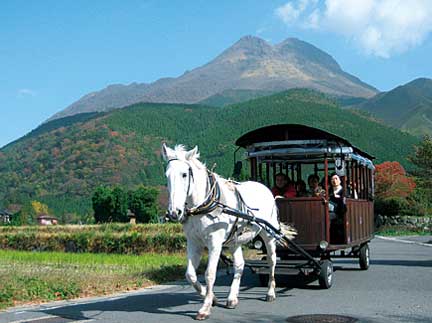 A horse-drawn cart with Mt. Yufu-dake in the background.