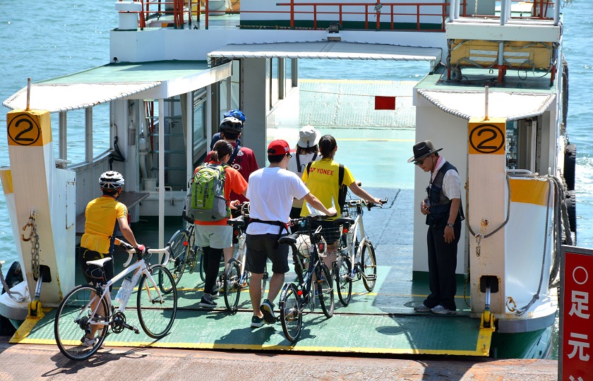 Cyclists getting on the ferry with their bikes (Shimanami Kaido)