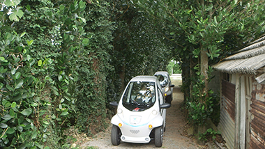 Because Coms are ultra-small cars, they can easily travel down narrow roads. They are used in Okinawa Prefecture in the southwest of Japan for tourist transportation. ©TOYOTA MOTOR CORPORATION