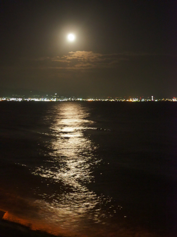 Desde la ventana del tren [Nagamare Kaikyo-go]. Camino de luna reflejada en la bahía de Hakodate con fondo de vista nocturna de la ciudad de Hakodate