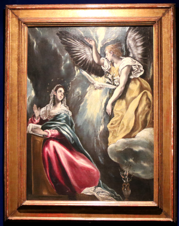 “La Anunciación” de El Greco. Se dice que el 'halo' sobre la cabeza de la mujer de la izquierda se agregó a la obra en una fecha posterior. El museo la ha dejado deliberadamente sin restaurar, ya que se acepta como parte de la historia de la obra