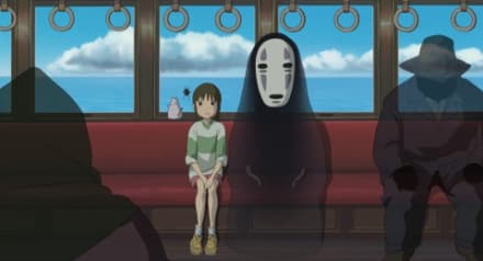 In this scene from Spirited Away, the main character, Chihiro, must take a train to go see a mysterious old woman. With nothing to do, Chihiro sits quietly as she (and the audience) reflect on all the action and turmoil that has come so far. It is an example of ma, a moment of negative space in the story. (© 2001 Hayao Miyazaki/Studio Ghibli, NDDTM)