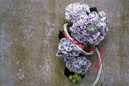 A Jiyuuka arrangement featuring hydrangeas and Japanese mizuhiki rice paper cord. Instead of a traditional vase, the hydrangeas have been arranged in exposed concrete in order to express the idea of learning from the past. Hydrangeas have long been used in Japan to ward off evil. (Photo courtesy of maki AKAGI)