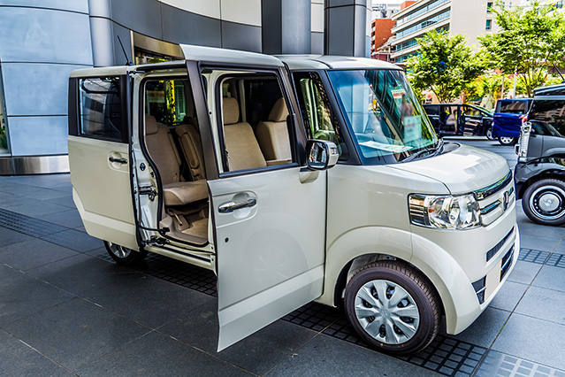Kei cars, such as some models of the Honda N-box can have sliding doors, which helps with entering and exiting the vehicle in narrow spaces.