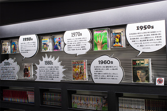 Museum display at the Yokote Masuda Manga Museum presenting manga magazines and publications organized by decade from the 1950s to the 2000s