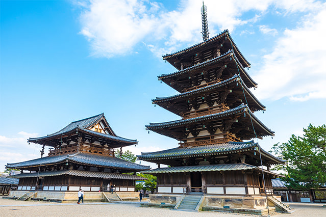 The pagoda at Horyuji Temple in Nara is one of the oldest surviving wooden towers in the world.