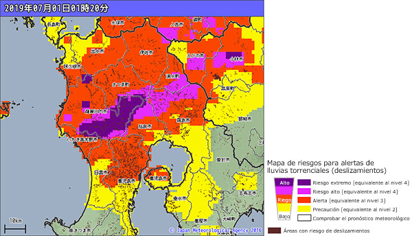 Un ejemplo de un mapa de riesgos. (Imagen por cortesía de la Agencia Meteorológica de Japón)