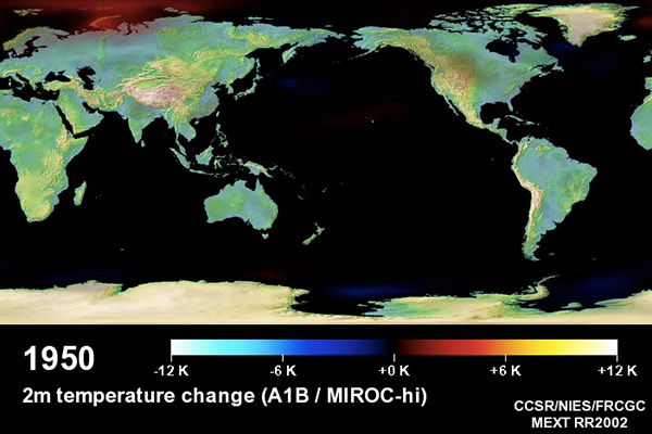 Images showing a simulation of air temperature change between 1950 and 2100 using an Earth system model. You can see from the colors that the air temperature increases. (Images provided by the Japan Agency for Marine-Earth Science and Technology)