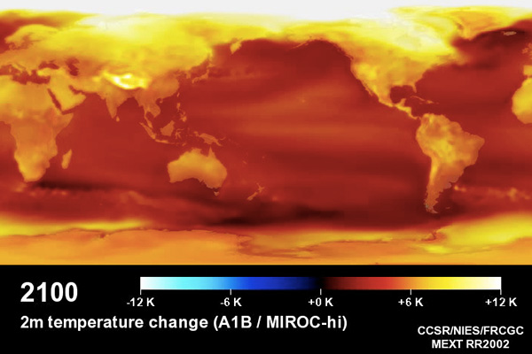 Images showing a simulation of air temperature change between 1950 and 2100 using an Earth system model. You can see from the colors that the air temperature increases. (Images provided by the Japan Agency for Marine-Earth Science and Technology)