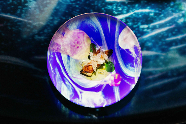 A dish titled "water" that combines food with art.