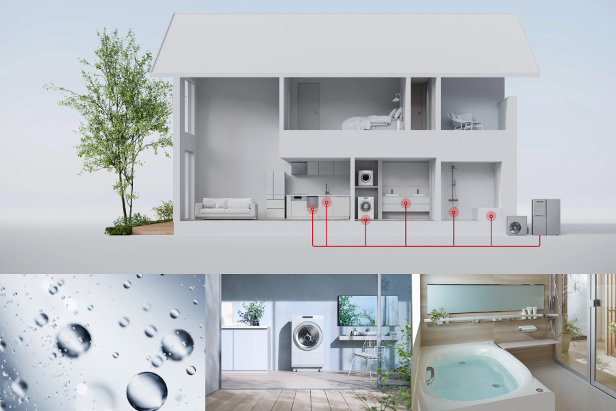 Top: Concept image for a hot water system using ultrafine bubbles in home water systems. (Image courtesy of Rinnai) Bottom left: Concept image of bubbles. (Image courtesy of Rinnai) Bottom center: Concept image of a home featuring an ultrafine bubble-equipped washing machine. (Image courtesy of TOSHIBA LIFESTYLE PRODUCTS & SERVICES CORPORATION) Bottom right: A bathroom with an ultrafine bubble shower installed. (Photo courtesy of LIXIL)