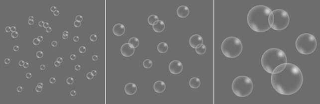 Image showing different bubble sizes. Left: Ultrafine bubble (less than 1 μm), Middle: Microbubbles (1 μm to 100 μm), Right: Other bubbles (greater than 100 μm).