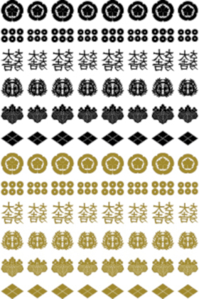 受顾客的委托而制作的美甲贴 很受欢迎。据说要求制作著名 武将的家徽的人较多。因为是 印刷在贴纸上的，所以左右颠 倒排列（提供：Net Shop SCHEHERAZADE）